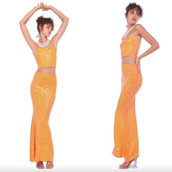 NWT Norma Kamali orange neon sequin mesh tube top Obie maxi skirt matching set - Picture 1 of 11